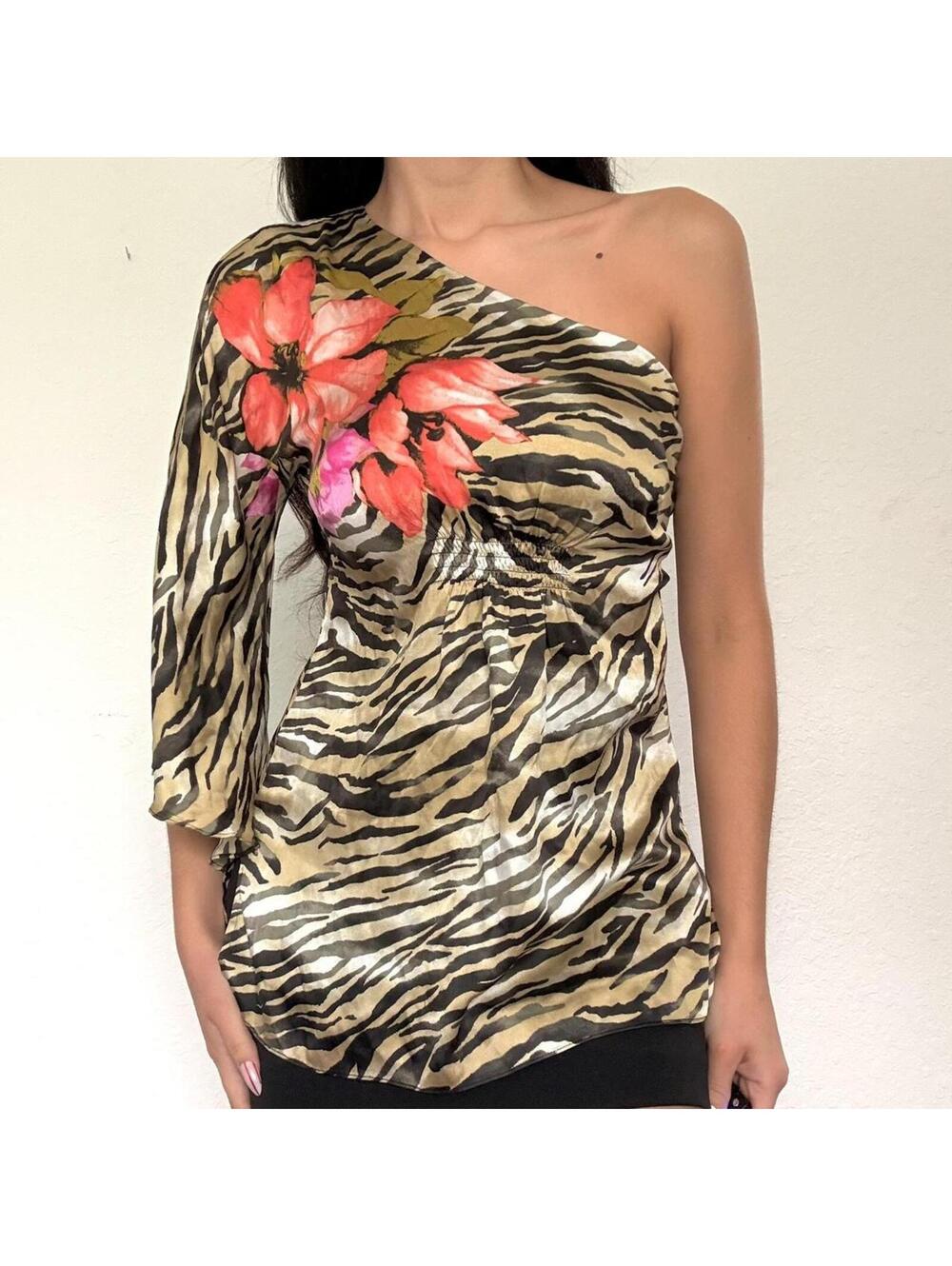 Cache Animal Print Floral Silk One Shoulder Top - Picture 5 of 8